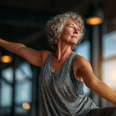 Літні люди займаються йогою в затишній студії