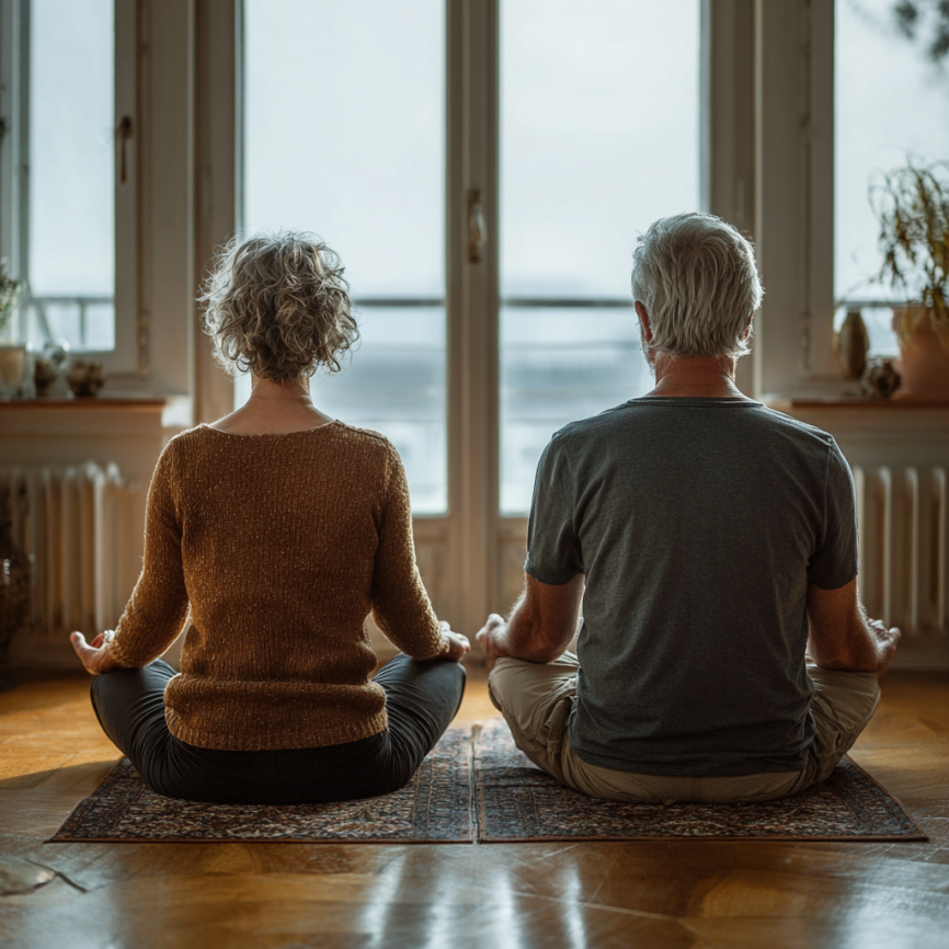 Група літніх людей медитує на природі